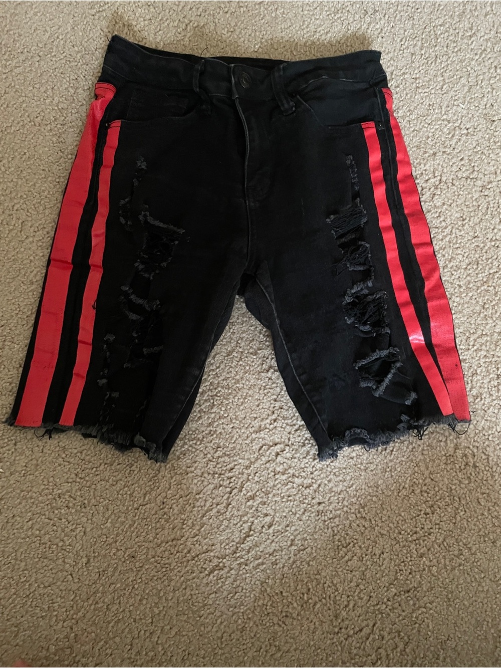 Rue21 Black Distressed Denim Shorts with Red Side Stripes